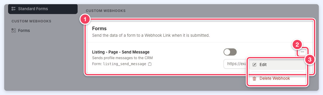 Custom Webhooks Forms section (1) with a webhook's three-dots button (2) opened to show Edit and Delete Webhook (3).