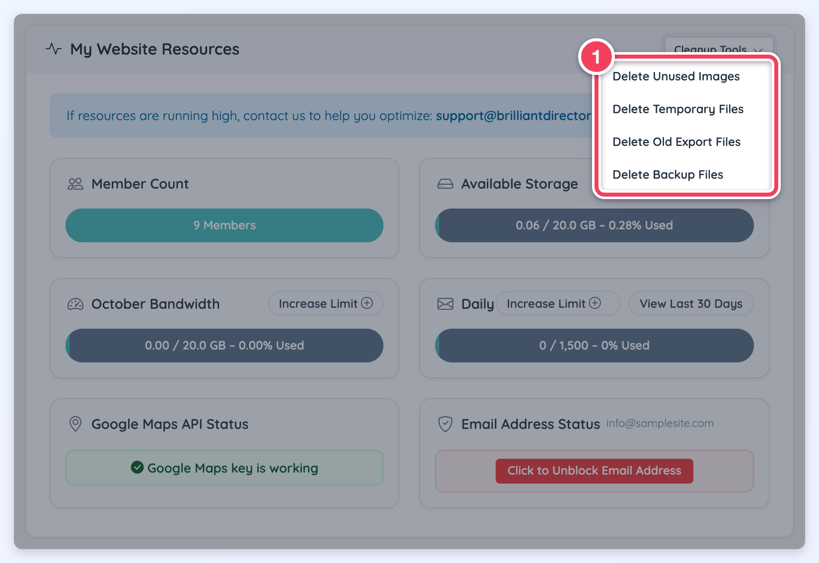 The My Website Resources module with the Cleanup Tools menu open, listing the four delete options.