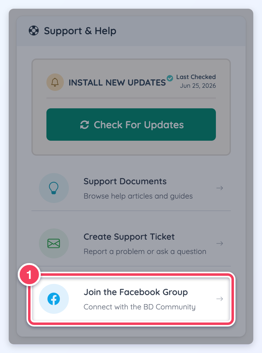 The Support & Help module with the Join the Facebook Group link highlighted.