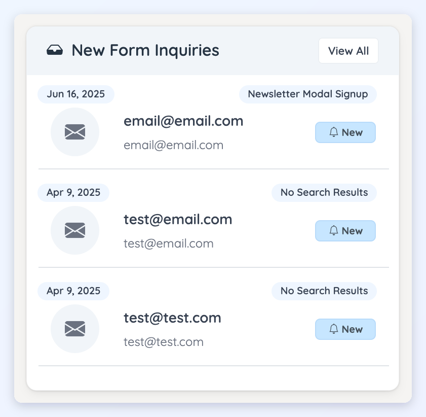 The New Form Inquiries module listing recent form submissions with the form name and a New badge.