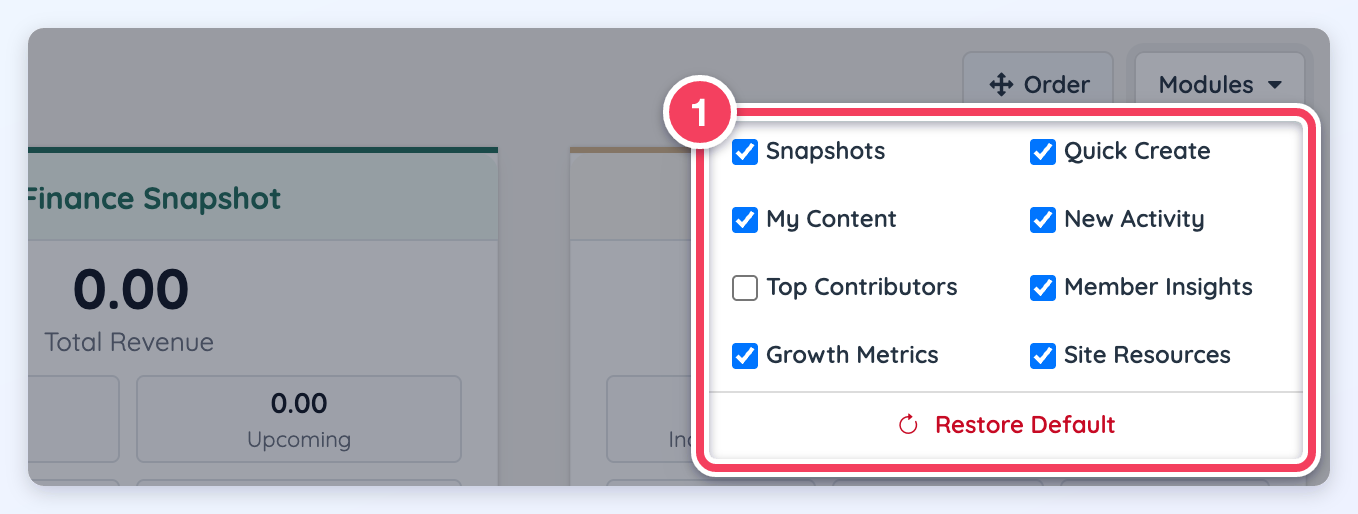 The open Modules menu with a checkbox for each group of modules and a Restore Default link.