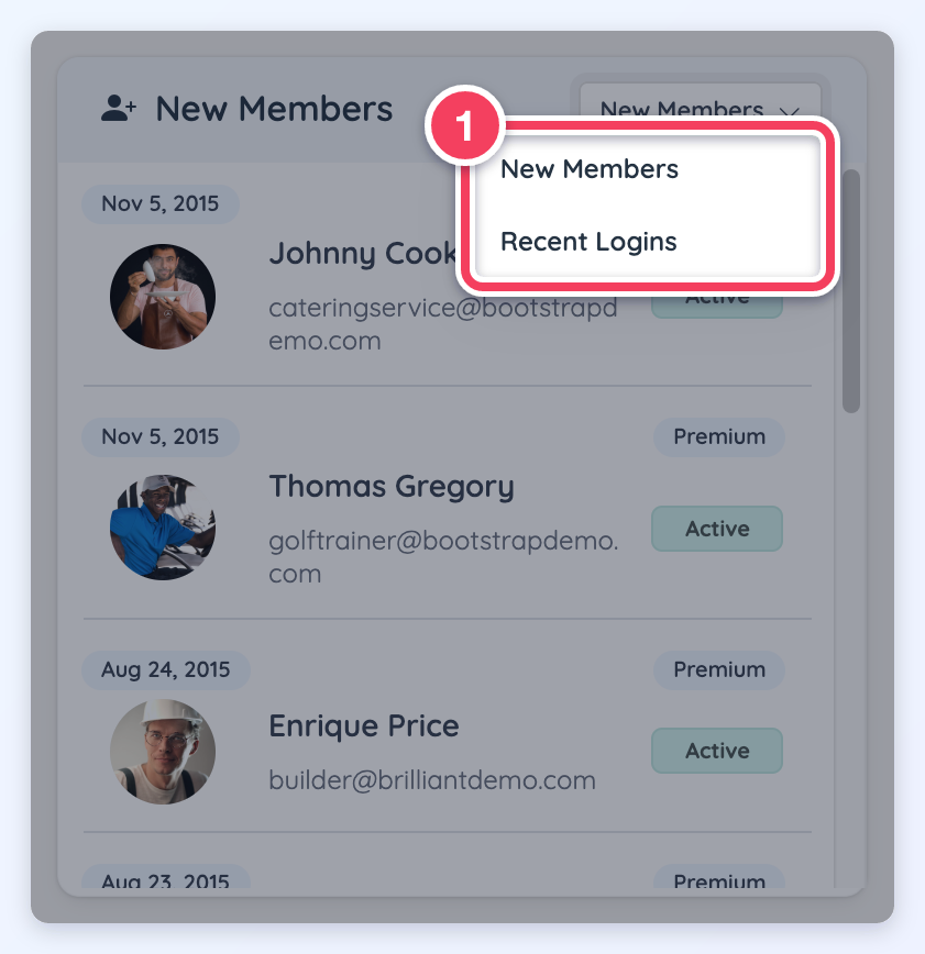 The New Members module with its menu open, offering New Members and Recent Logins.
