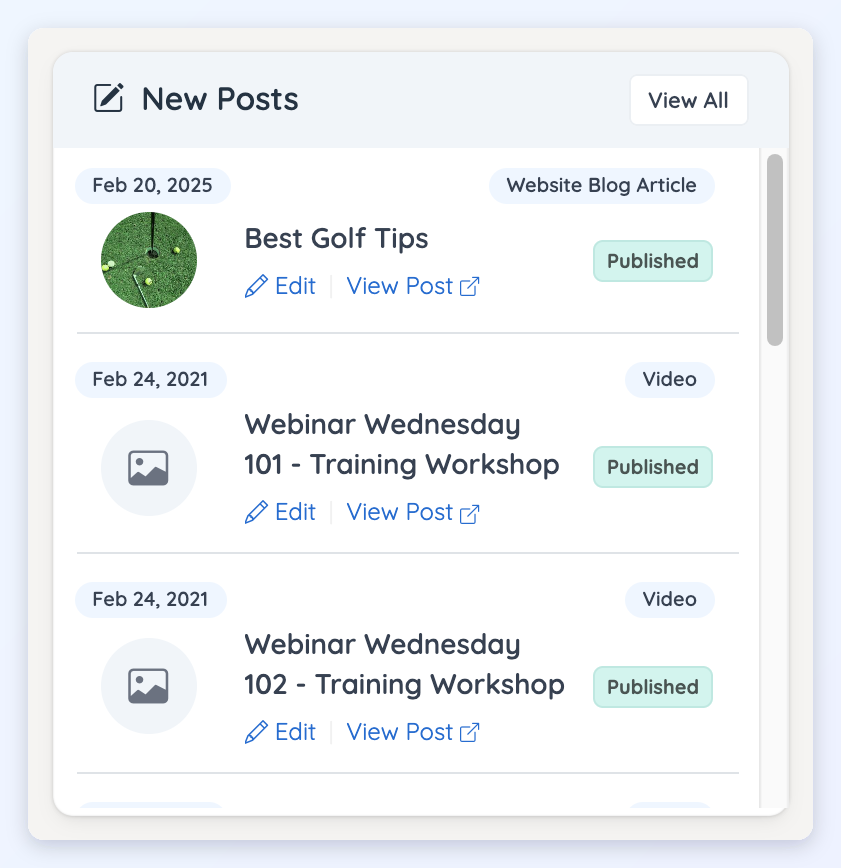 The New Posts module listing the latest posts with their post type, Published status, and Edit and View Post links.