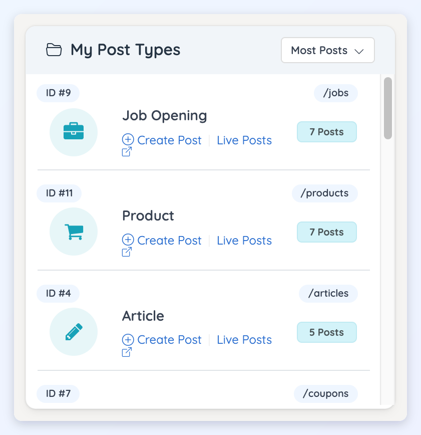 The My Post Types module listing post types with Create Post and Live Posts links and post counts.