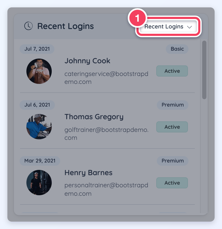 The New Members module switched to Recent Logins, listing members by their last login date.