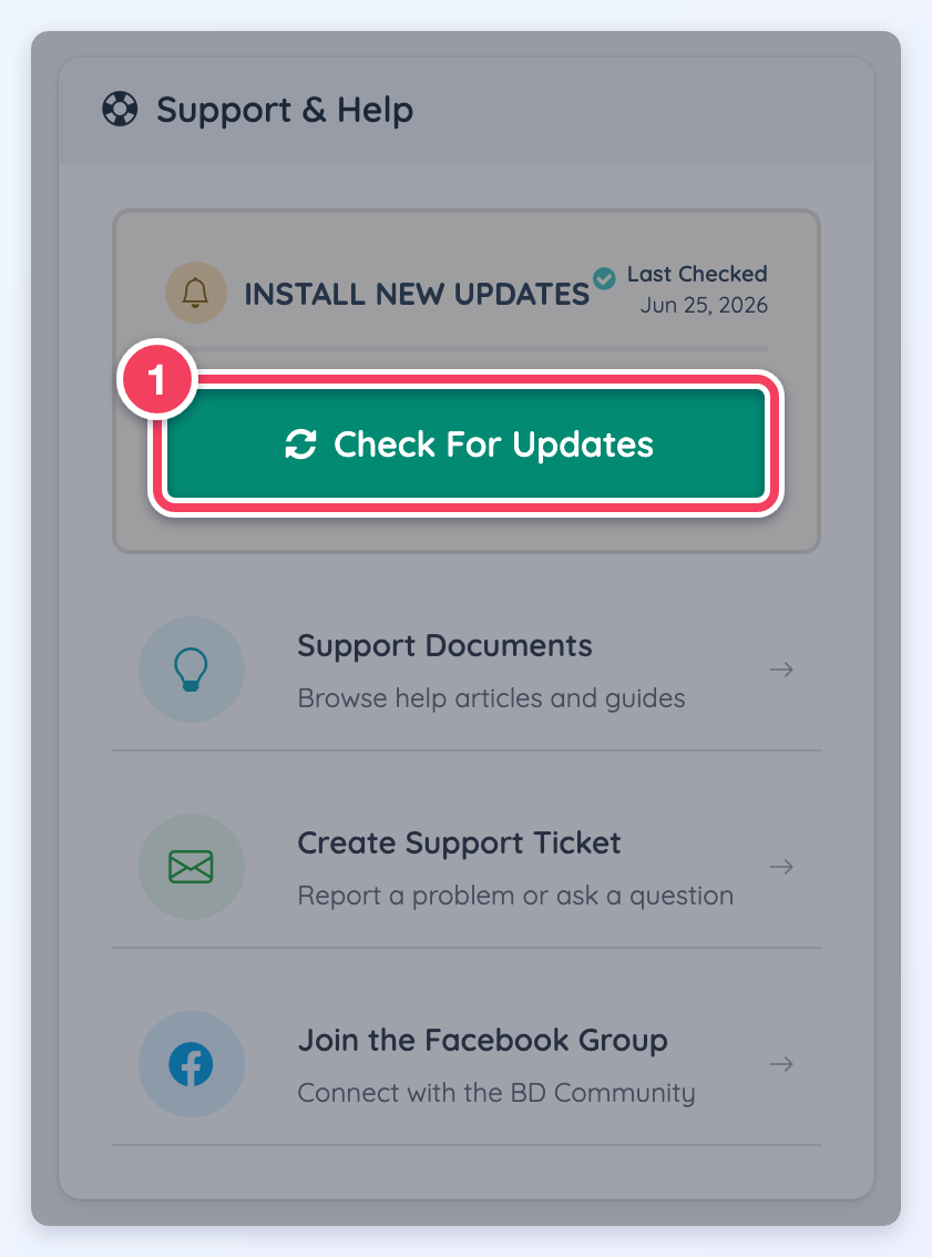 The Install New Updates box in Support & Help with the Check For Updates button highlighted.
