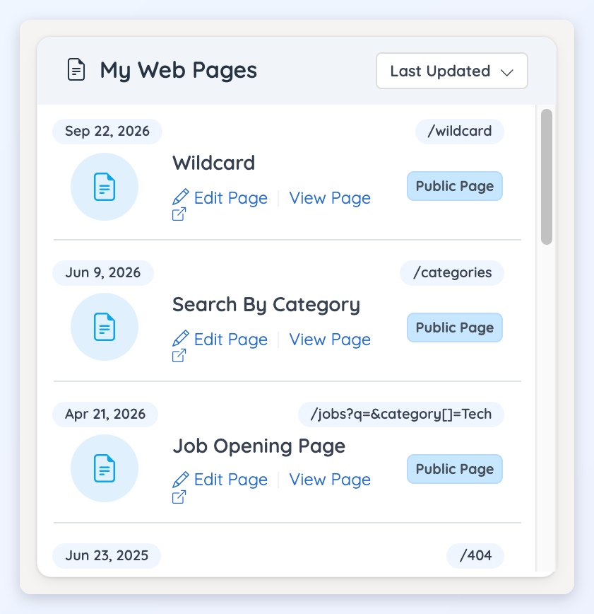 The My Web Pages module listing recently updated pages with Edit Page and View Page links.