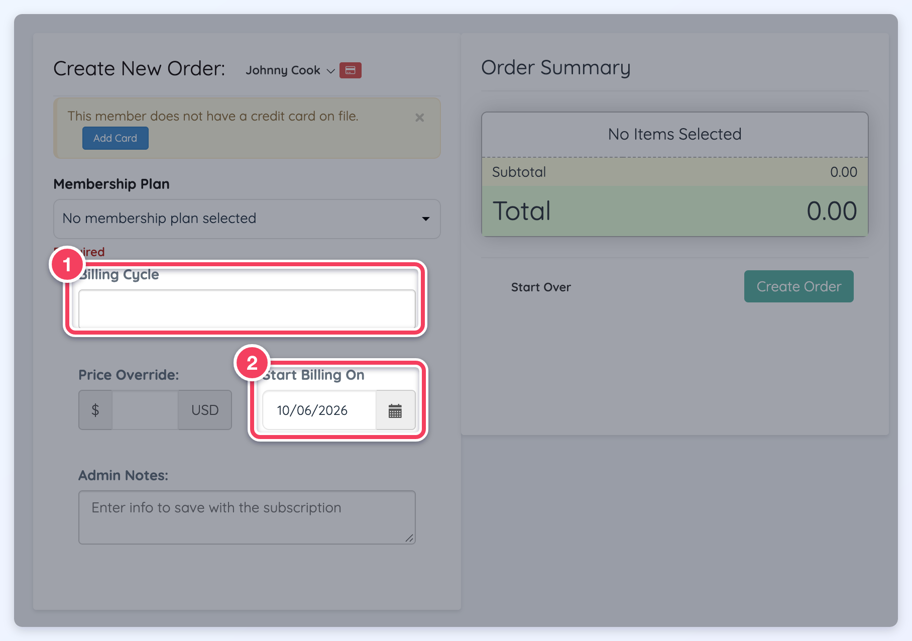 A member's Create New Order form with the Billing Cycle (1) and Start Billing On (2) fields highlighted.