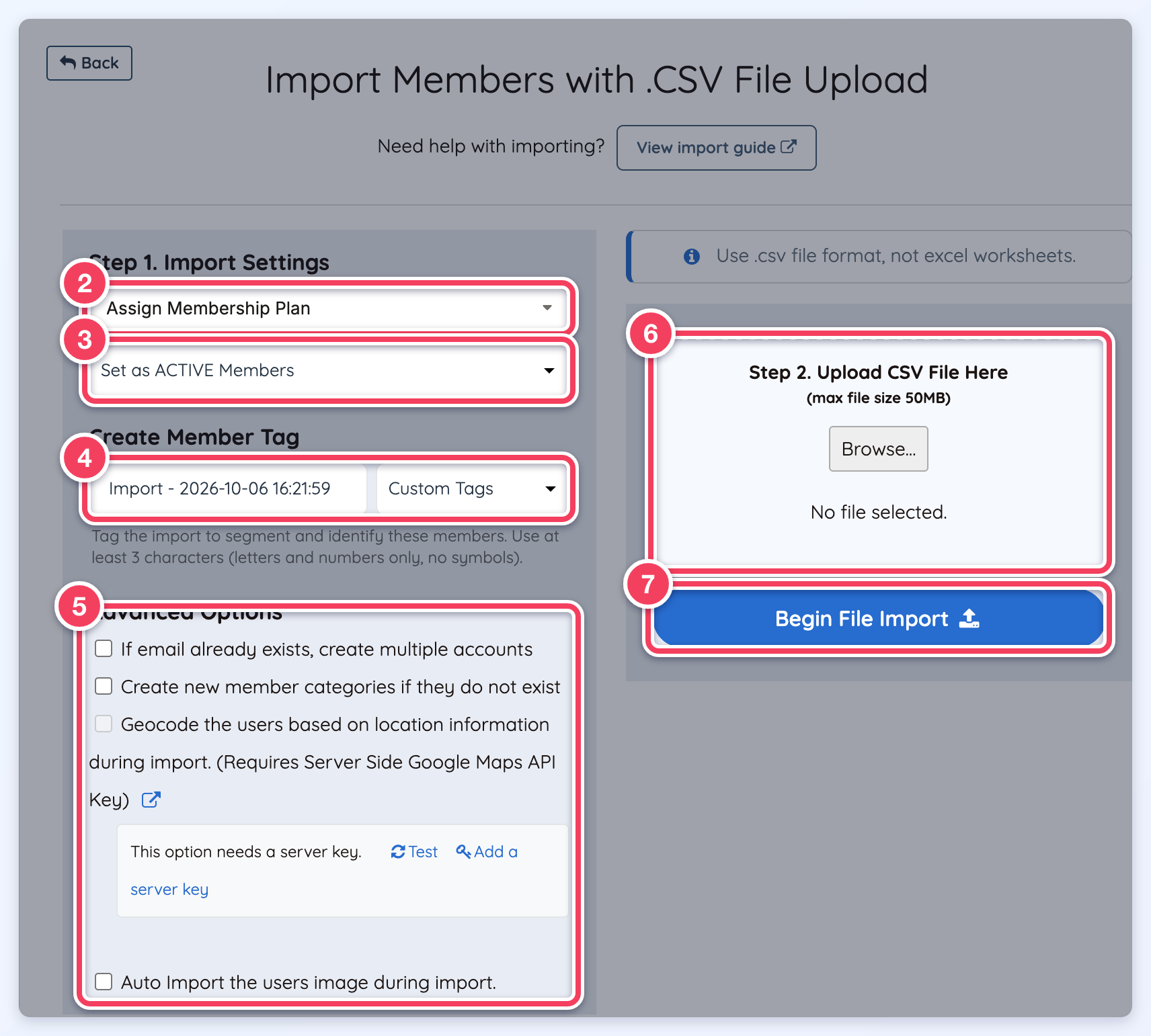 The Import Members with .CSV File Upload page with numbered badges matching steps 2 to 7.
