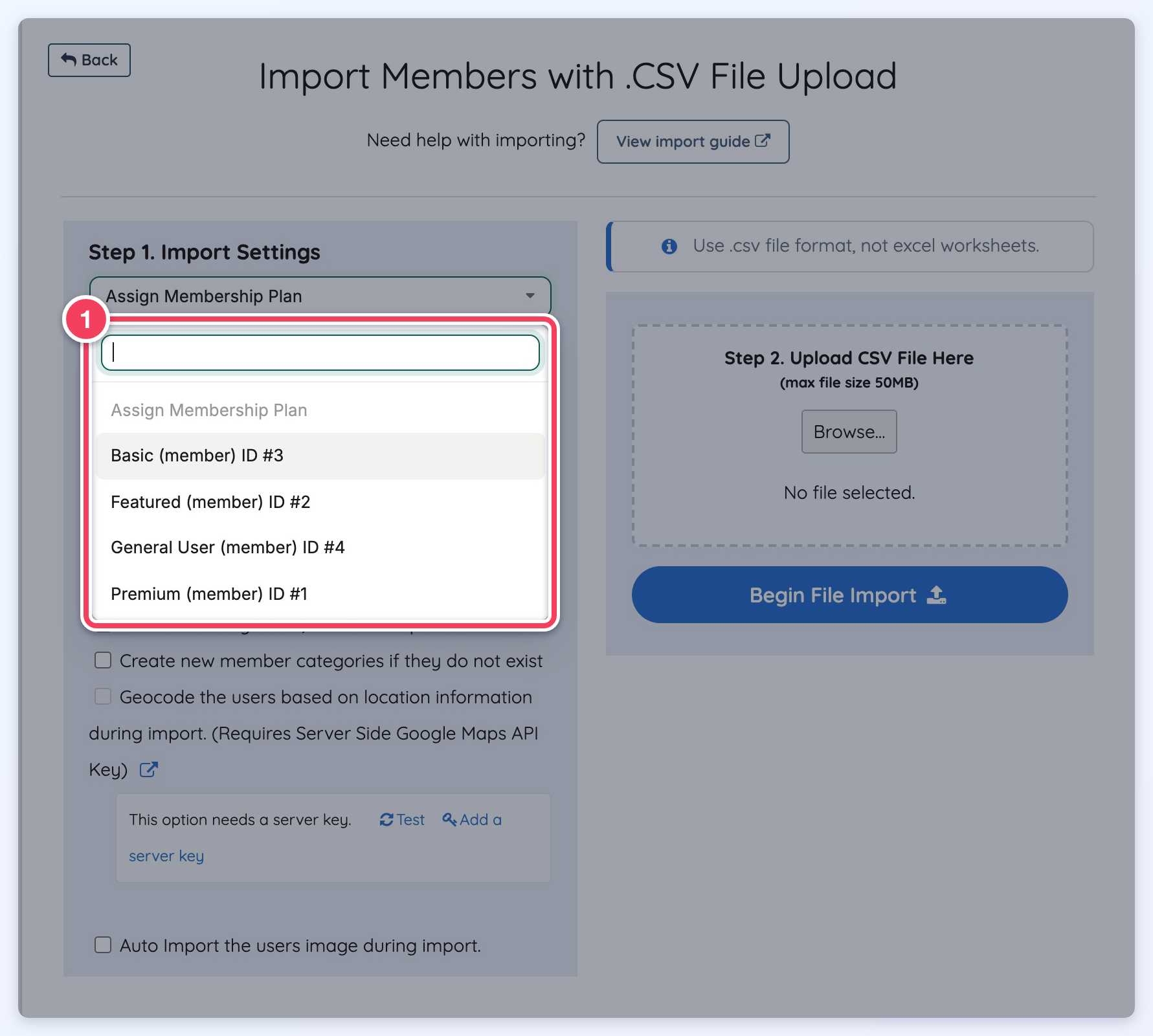 The Assign Membership Plan list open on the import page, showing the site's membership plans.