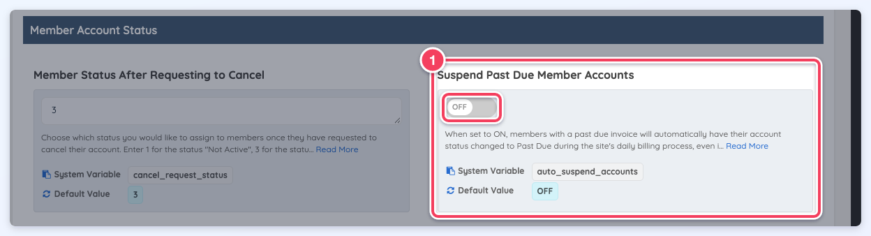 Suspend Past Due Member Accounts advanced setting on the Sign Ups & Billing tab, with its toggle set to OFF.