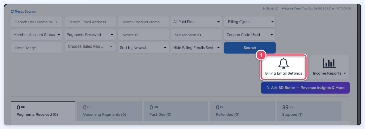 Billing Email Settings button at the top right of Transaction History.