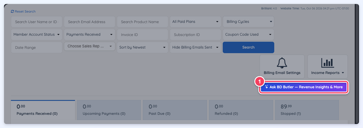Ask BD Butler, Revenue Insights & More button on Transaction History.
