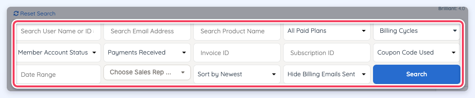 The Transaction History search filters, from Search User Name or ID # to Hide Billing Emails Sent.