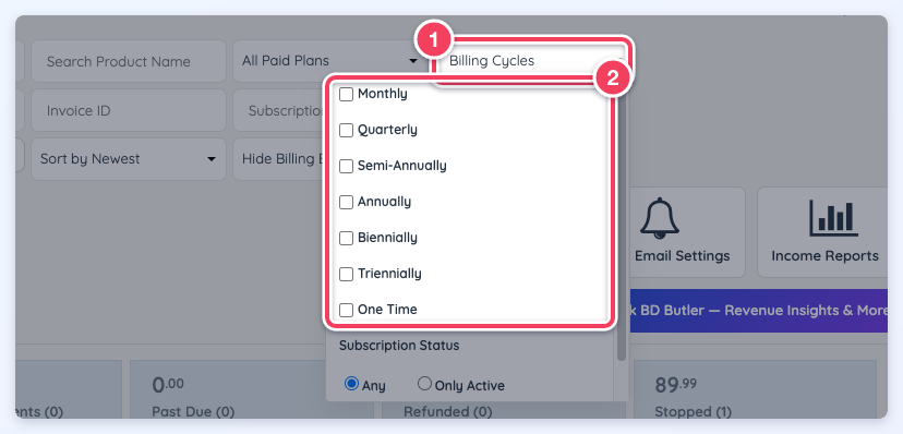 Billing Cycles filter (1) open, with a checkbox for each billing cycle (2) so several can be selected.