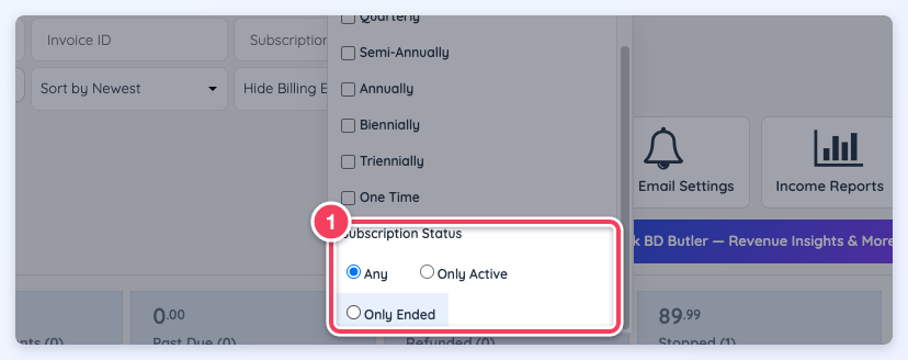 Subscription Status options at the bottom of the Billing Cycles filter: Any, Only Active and Only Ended.