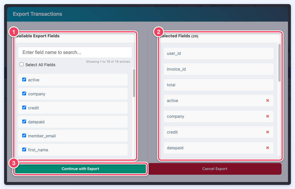 Export Transactions window with Available Export Fields (1), Selected Fields (2) and the Continue with Export button (3).