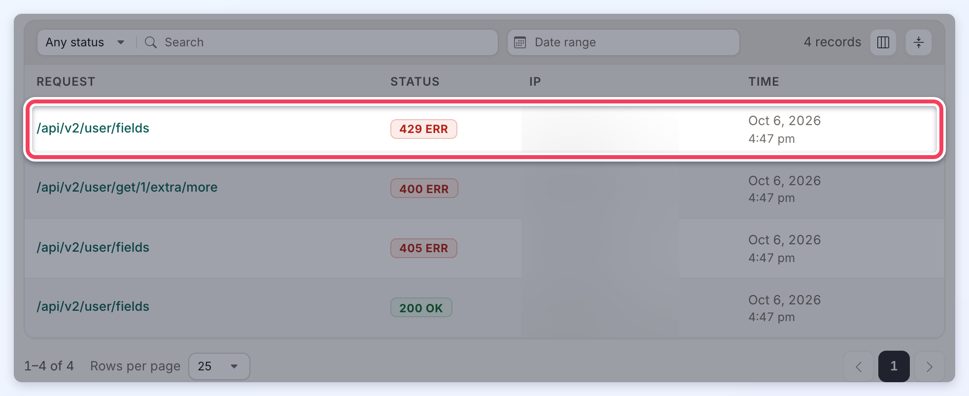 The Logs window for an API key with a request that returned 429 ERR highlighted; the IP column is blurred.