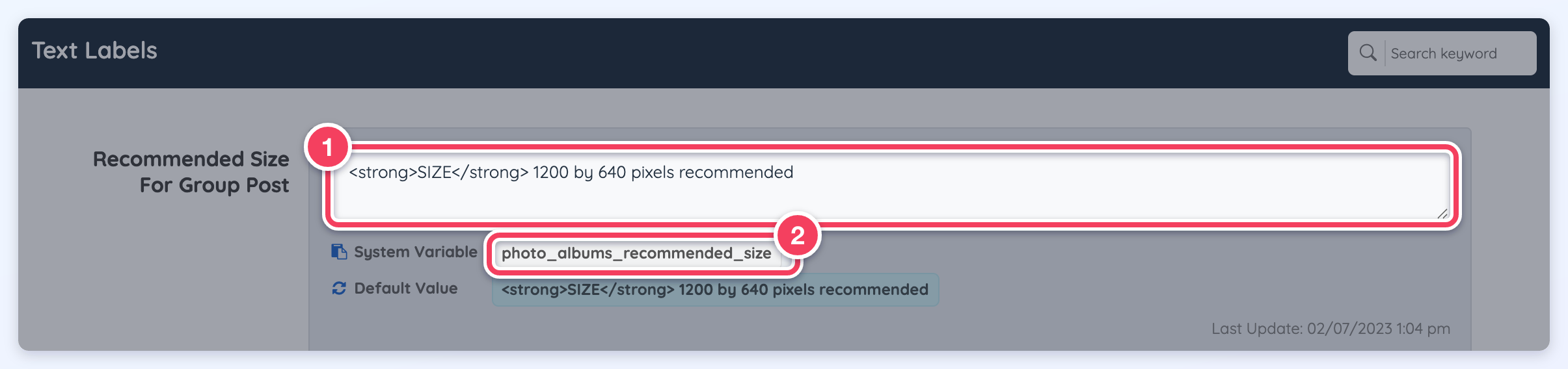 Settings > Text Labels filtered to photo_albums_recommended_size: the label text (1) and its System Variable (2).