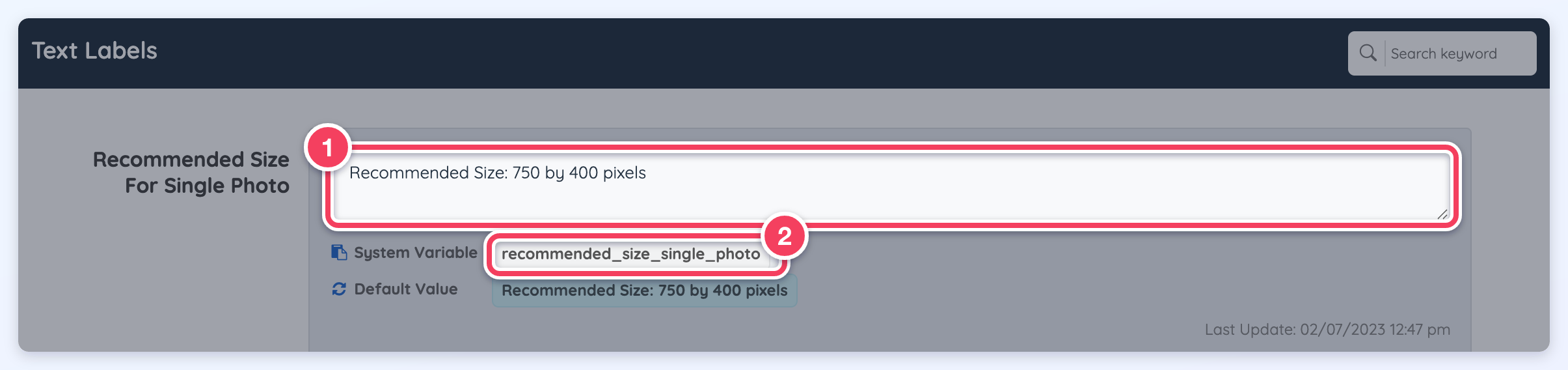 Settings > Text Labels filtered to recommended_size_single_photo: the label text (1) and its System Variable (2).