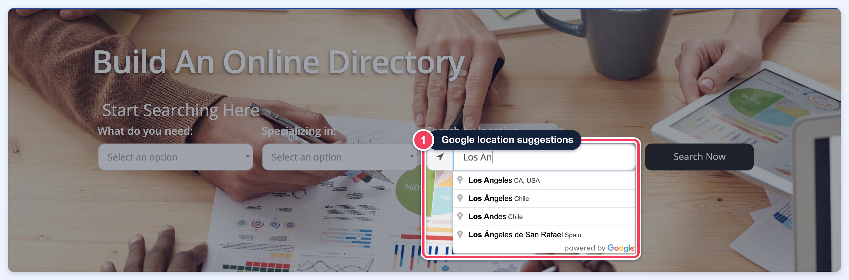 A website's location search field showing Google place suggestions as 'Los An' is typed, which needs a working Google Maps API key.