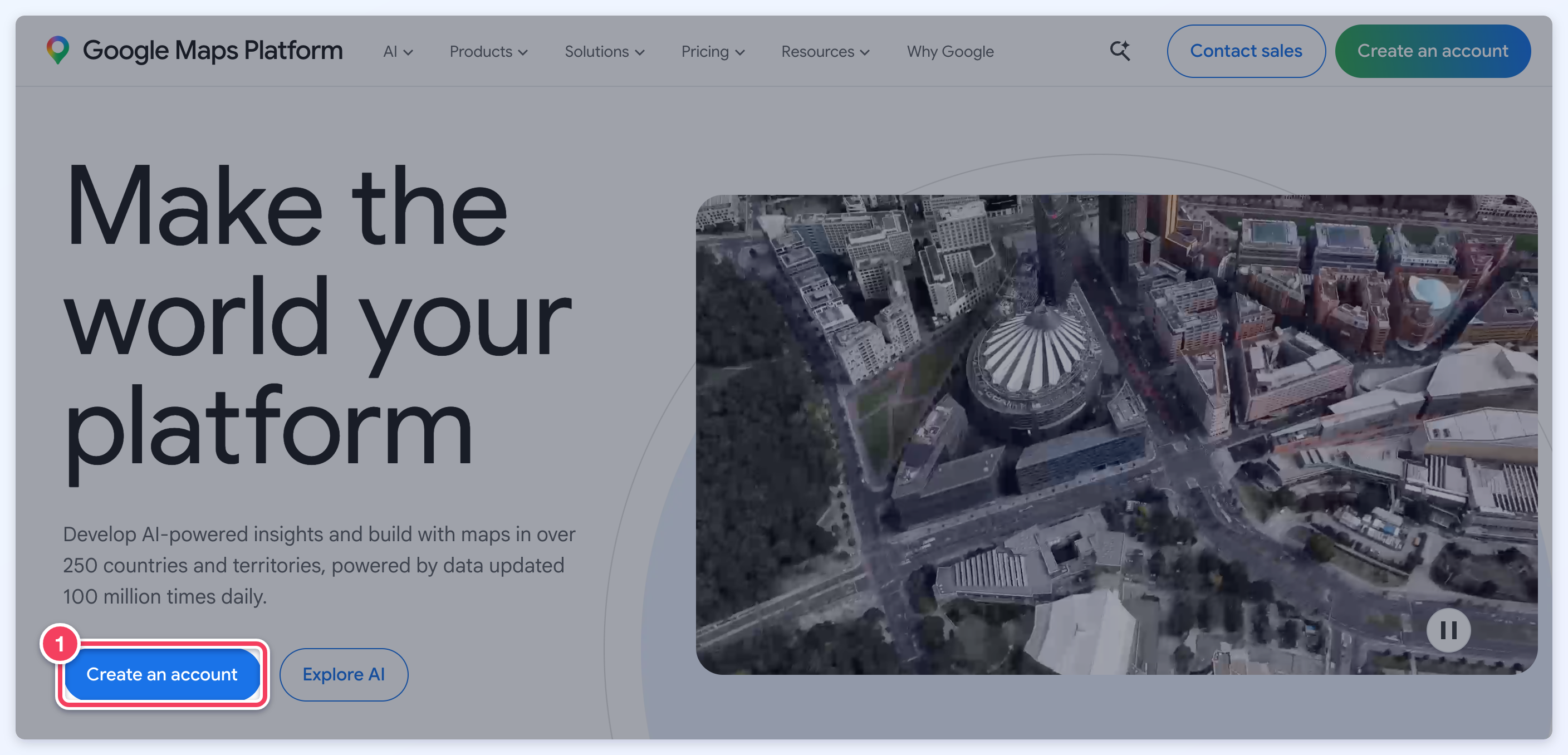 The Google Maps Platform home page with the Create an account button marked.