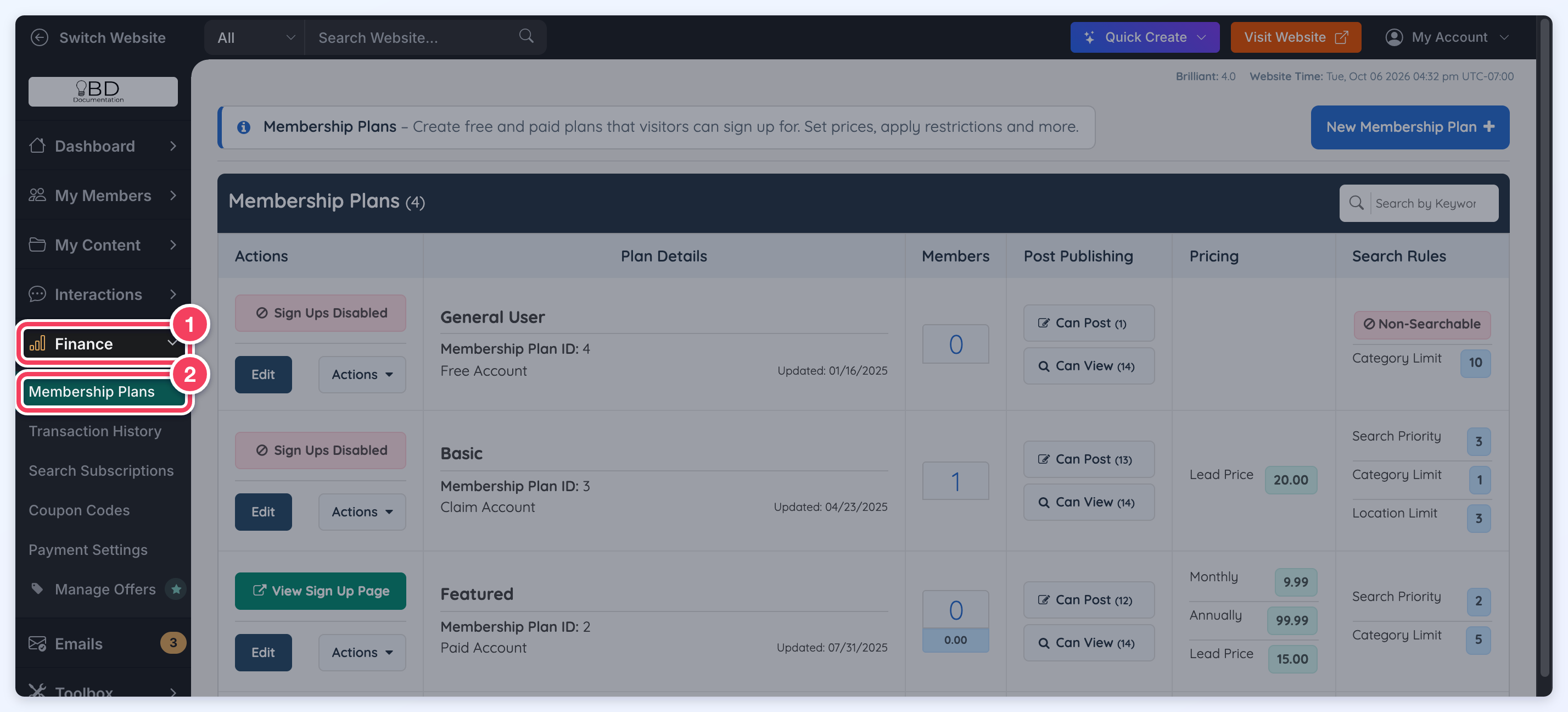 Membership Plans list in the admin with Finance (1) expanded in the left menu and Membership Plans (2) highlighted.