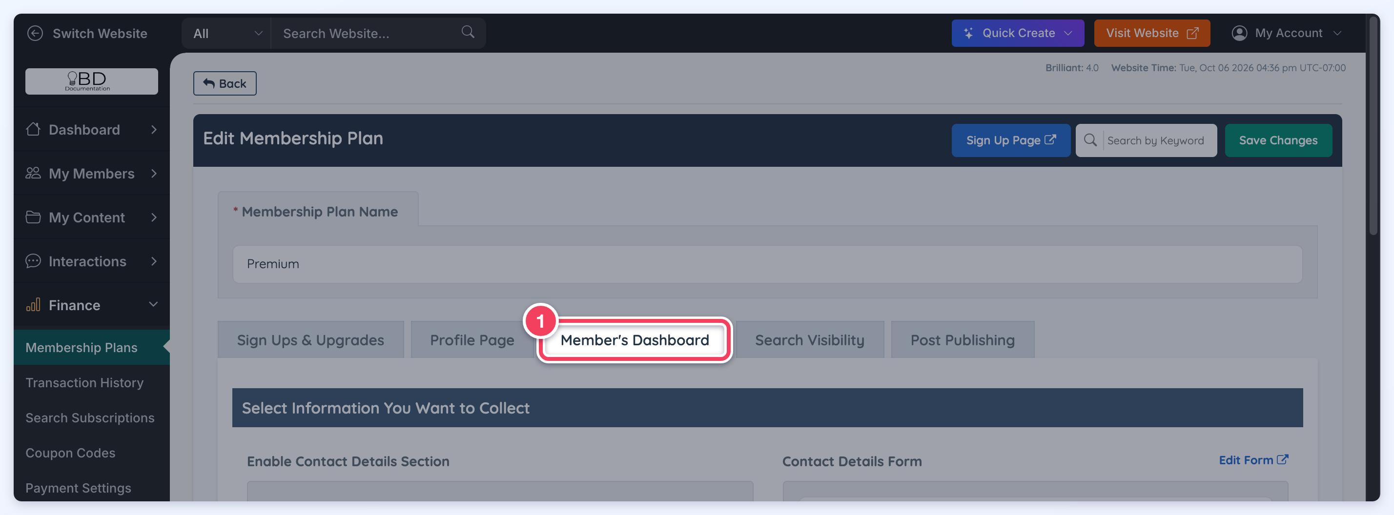 Edit Membership Plan page for the Premium plan with the Member's Dashboard tab (1) highlighted.