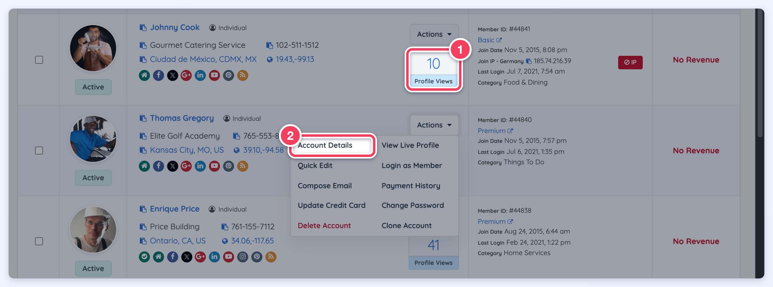 Members list with the Profile Views count (1) highlighted for Johnny Cook and the Account Details option (2) highlighted in the Actions menu for Thomas Gregory.