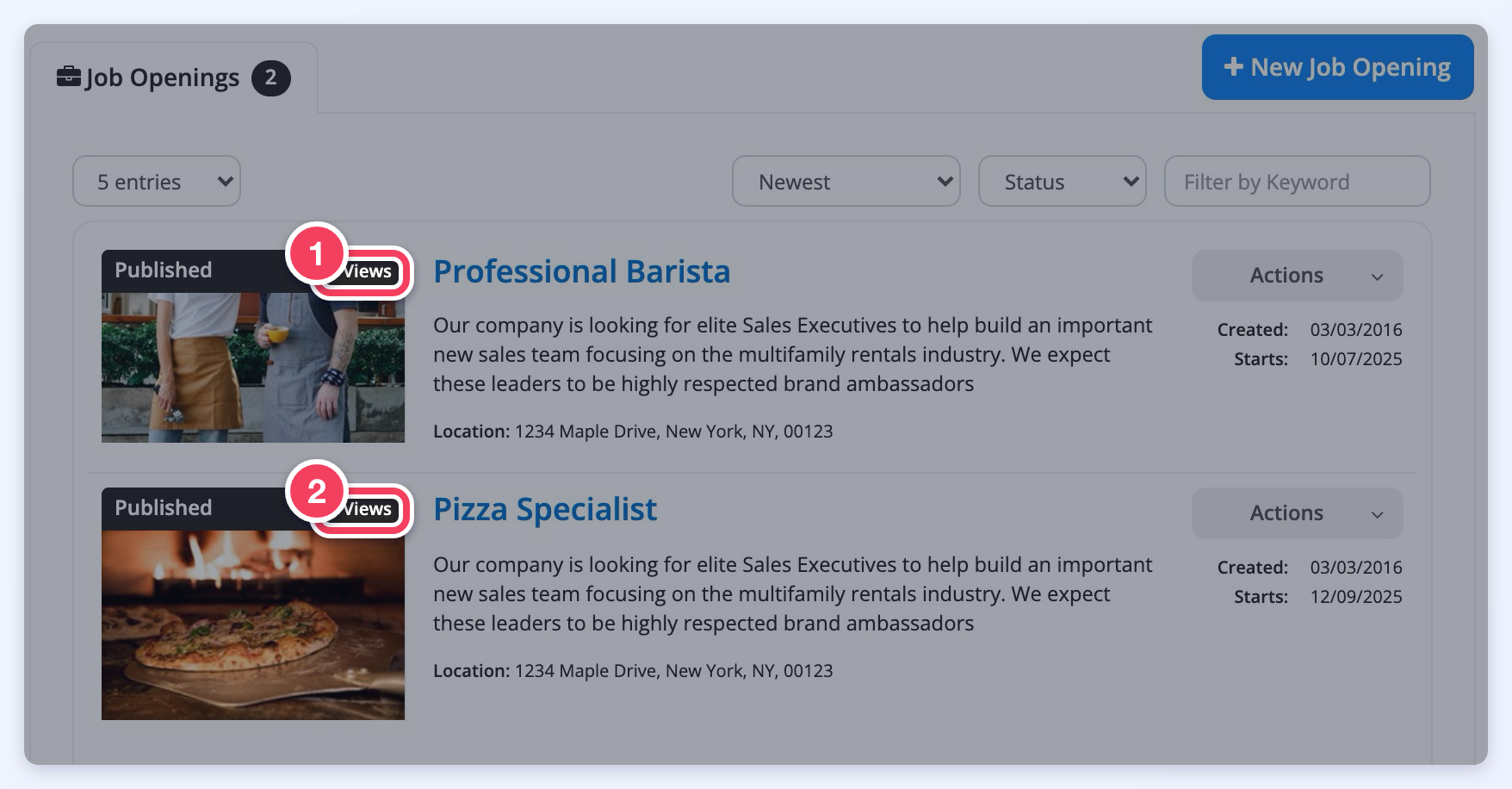 Job Openings list with the Views counters (1 and 2) highlighted on the Professional Barista and Pizza Specialist posts.