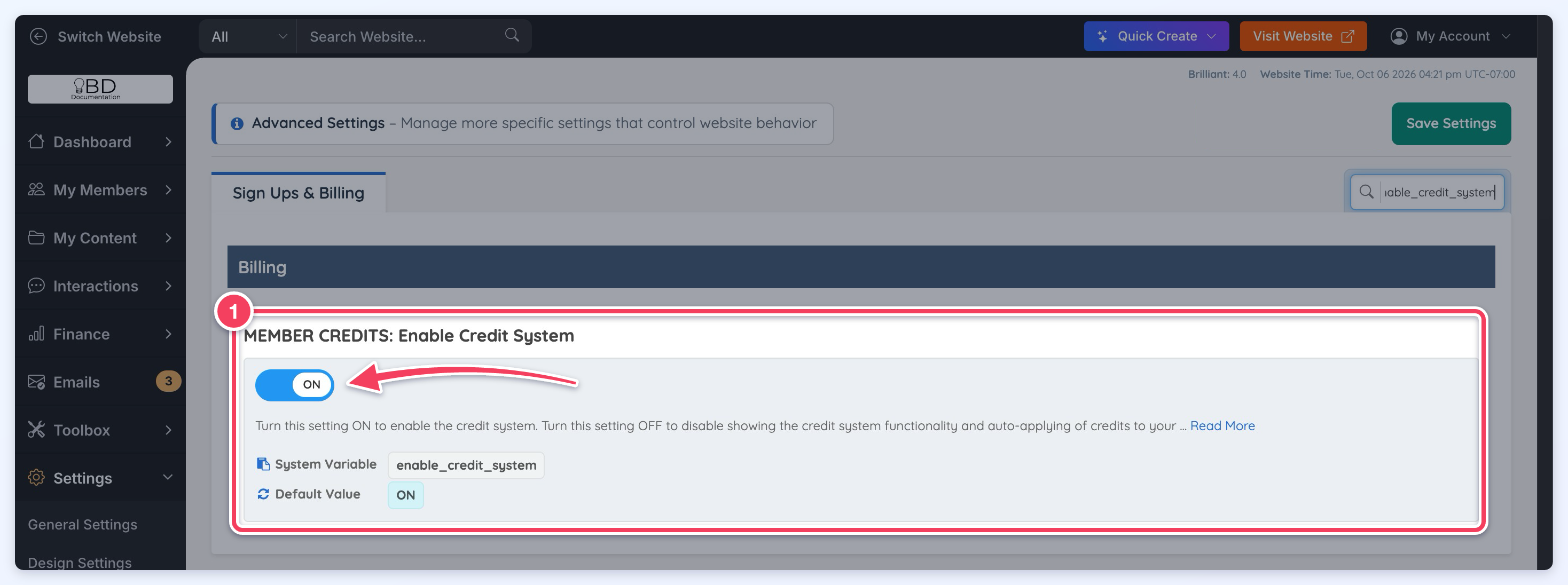 The MEMBER CREDITS: Enable Credit System setting on the Sign Ups & Billing tab of Advanced Settings, with its toggle set to ON (1).