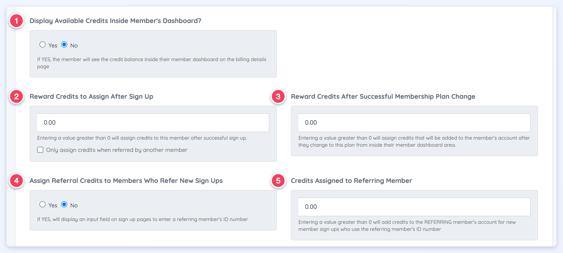 The five credit options on a membership plan's Sign Ups & Upgrades tab, numbered 1 to 5.