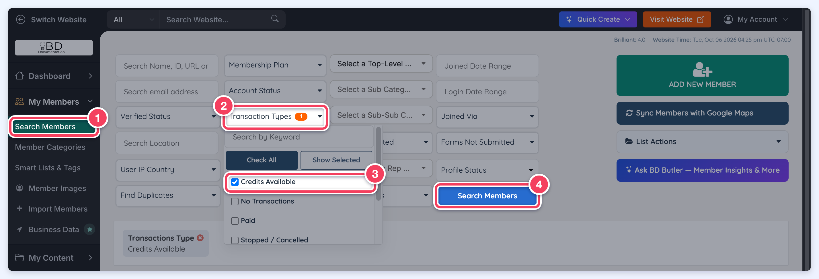 Search Members (1) with the Transaction Types filter (2) open, Credits Available ticked (3) and the Search Members button (4).