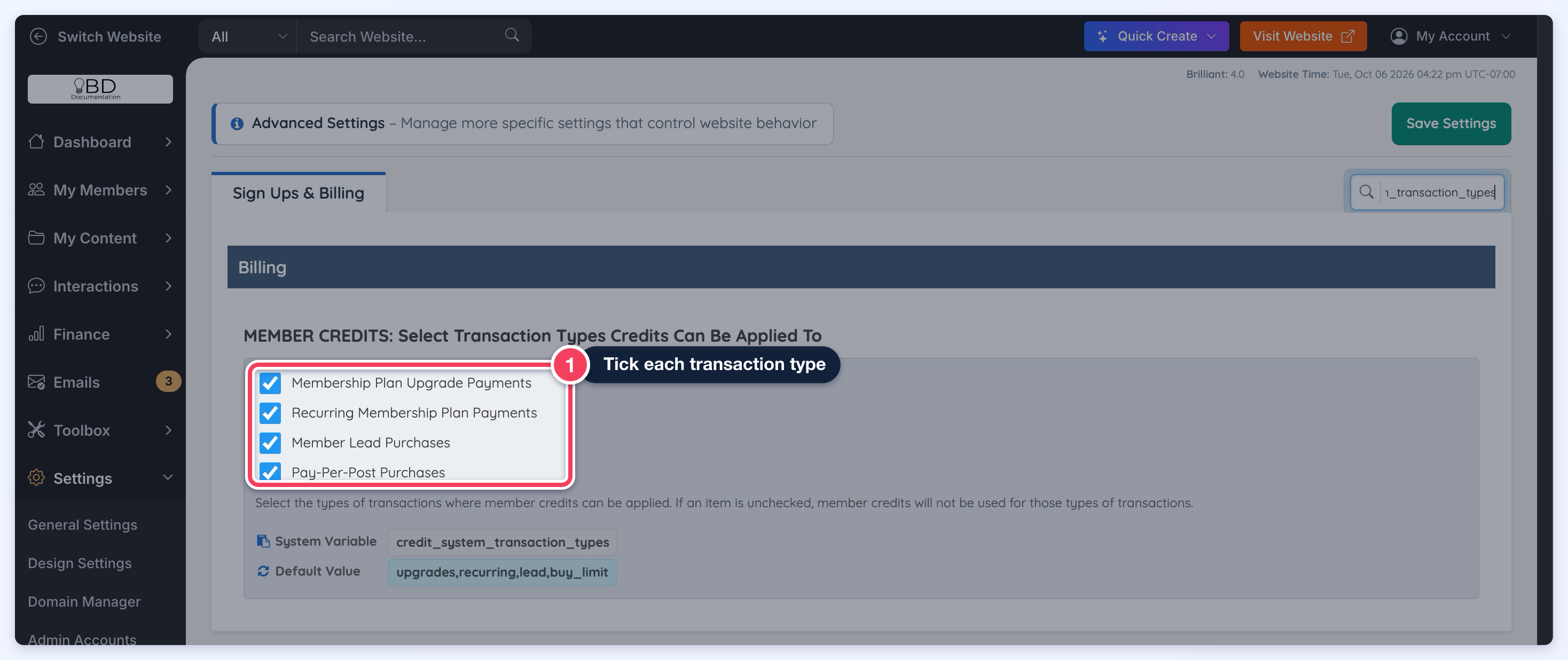 The MEMBER CREDITS: Select Transaction Types Credits Can Be Applied To setting with each transaction type ticked (1).