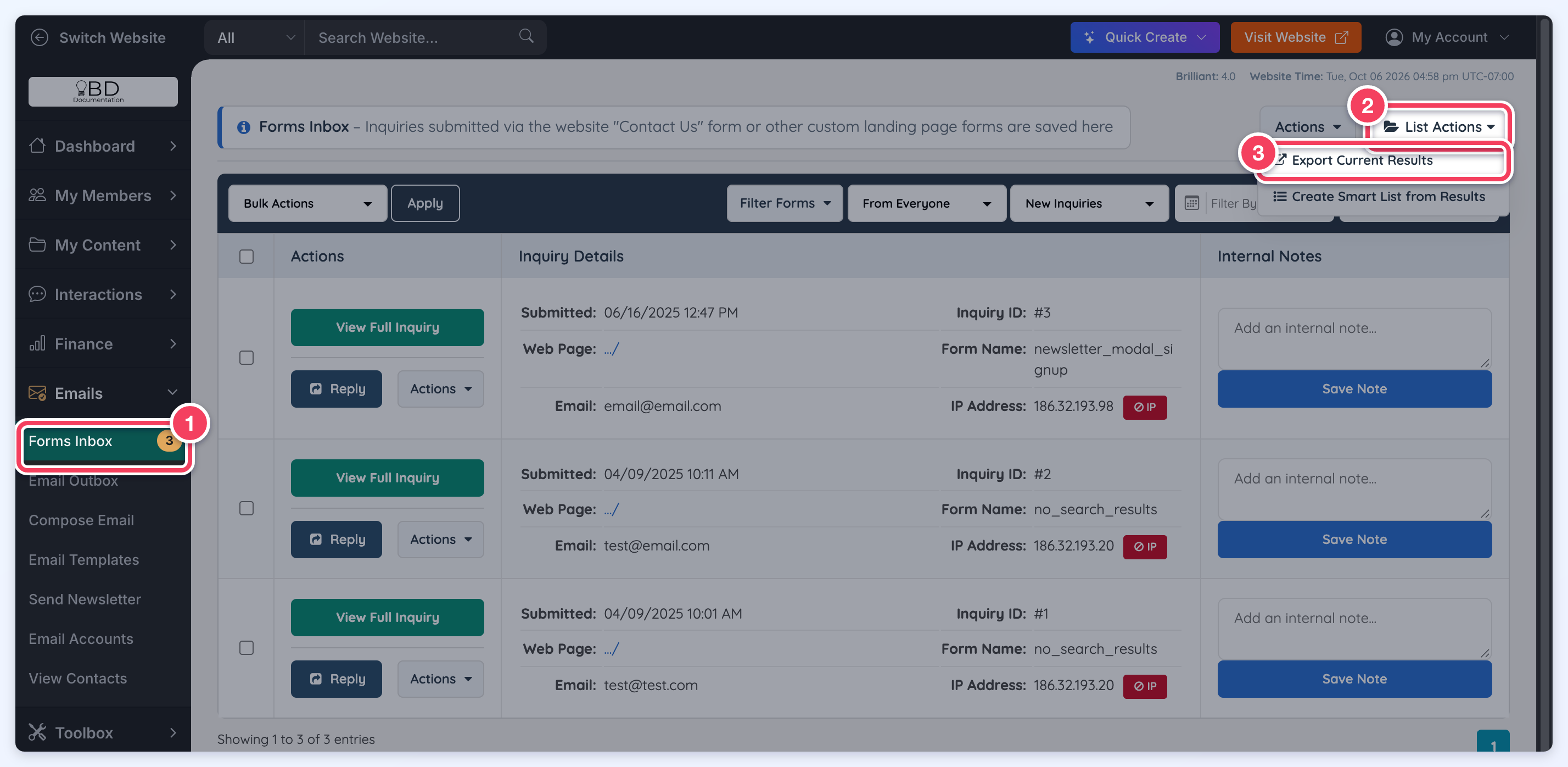 Forms Inbox with List Actions open and Export Current Results highlighted.