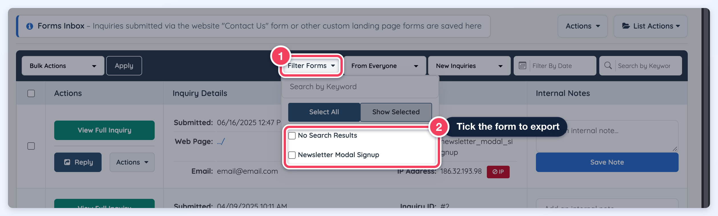 Forms Inbox with one form ticked under Filter Forms and List Actions open on Export Current Results.