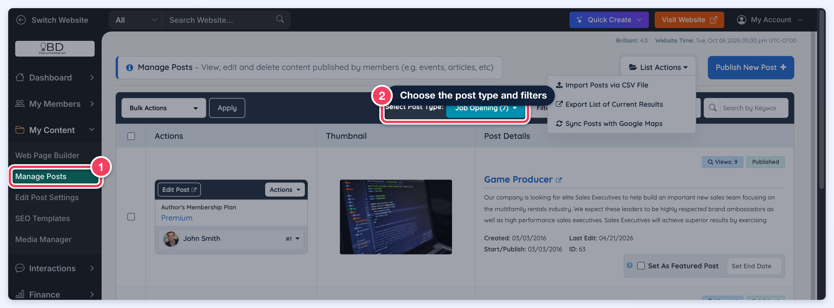 Manage Posts with a post type chosen under Select Post Type and the post filters.