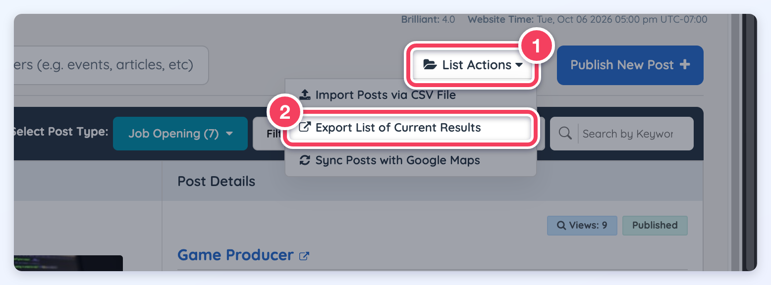 Manage Posts with List Actions open and Export List of Current Results highlighted.