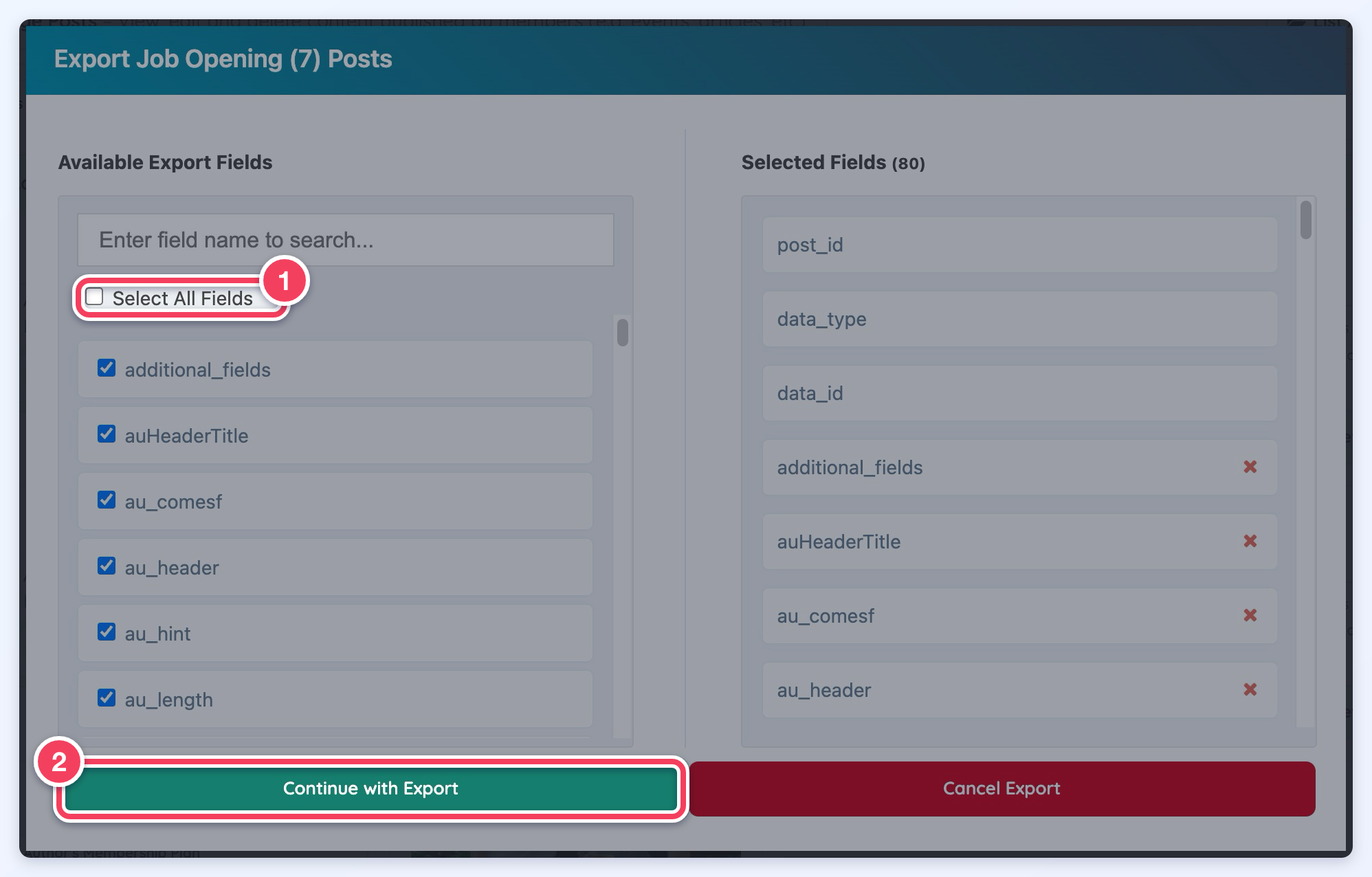 The Export Posts window with Select All Fields and Continue with Export highlighted.