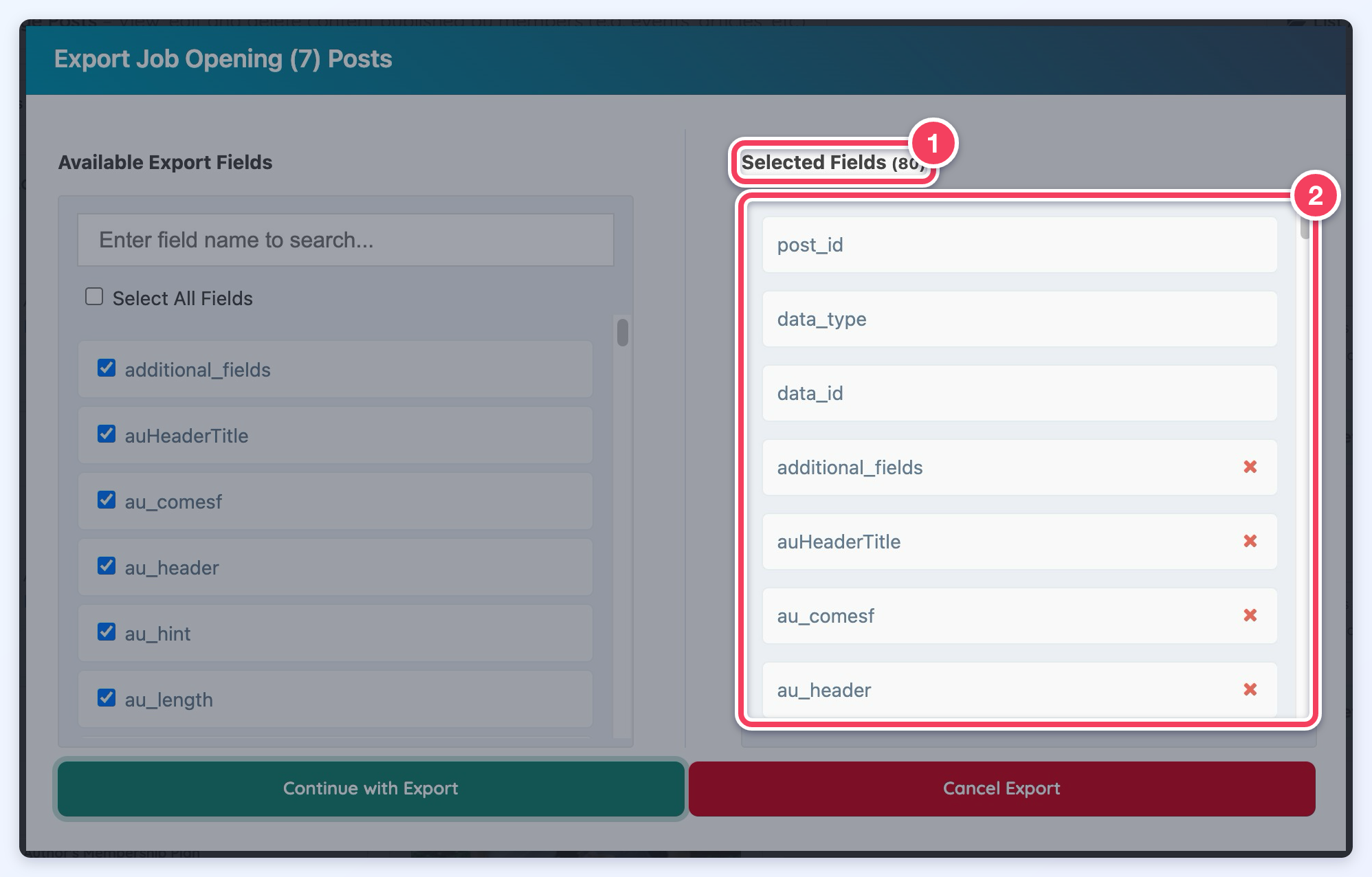 The Selected Fields panel of the Export Posts window, listing the fields chosen for the export.