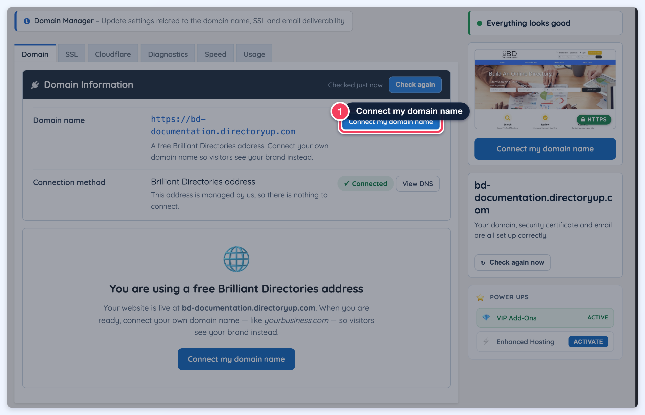 Domain Manager on a free directoryup.com address with the Connect my domain name button marked (1).