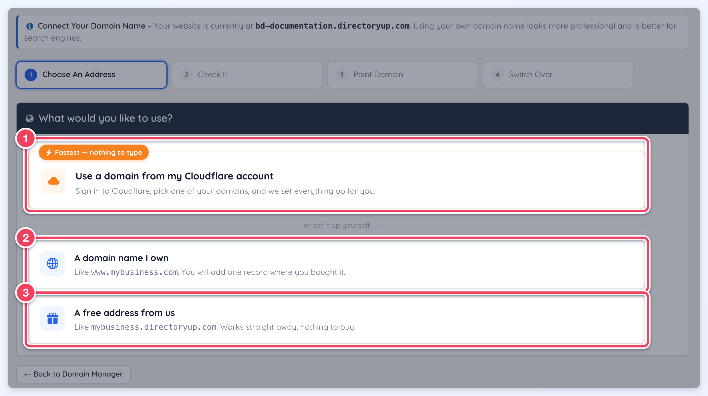 Choose An Address stage with the Cloudflare account (1), A domain name I own (2) and free address (3) choices marked.