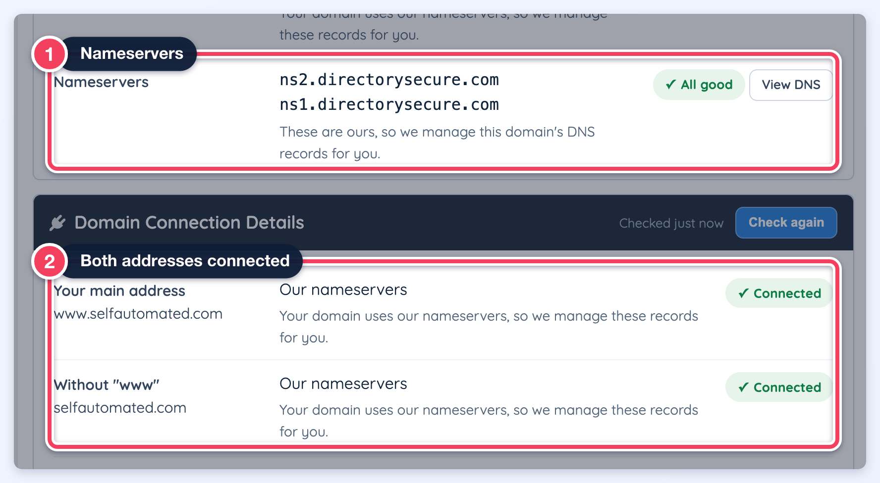 selfautomated.com Domain tab with the Brilliant Directories nameservers row (1) and both addresses shown as Connected (2).