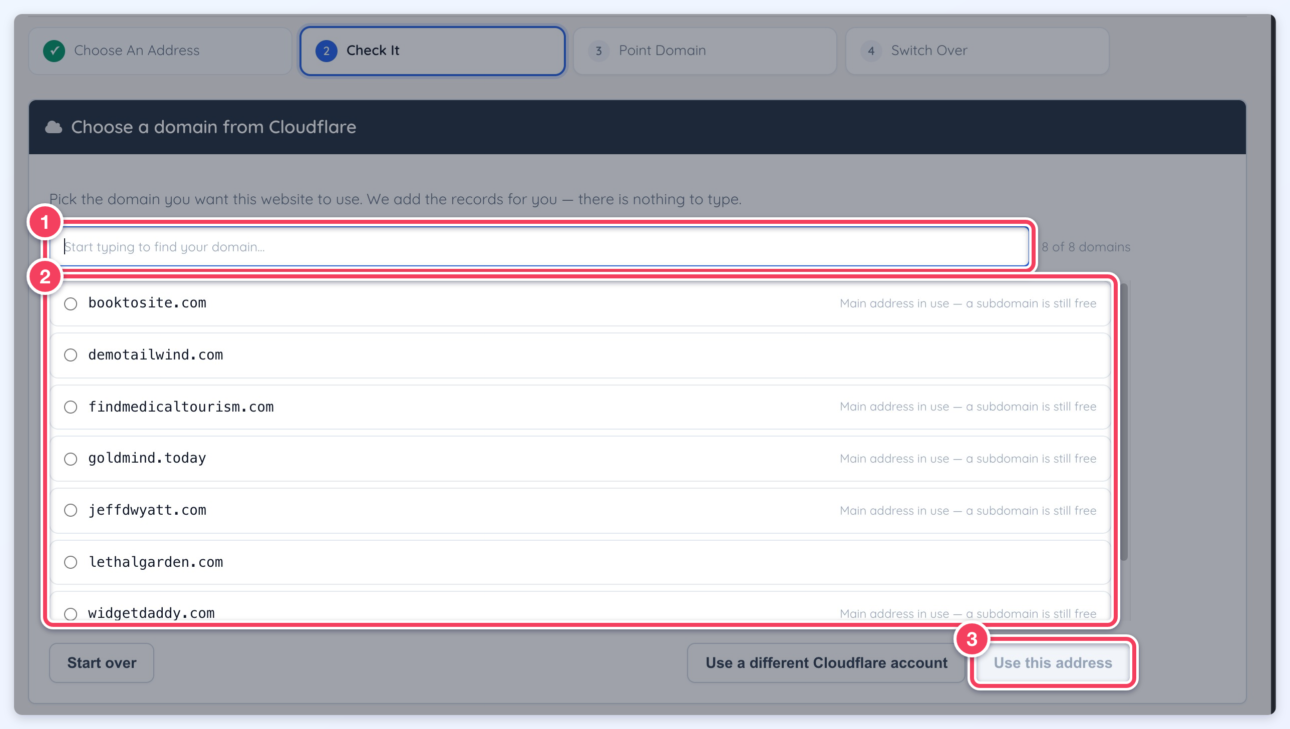 Choose a domain from Cloudflare panel with the filter box (1), the account's domain list (2) and the Use this address button (3).