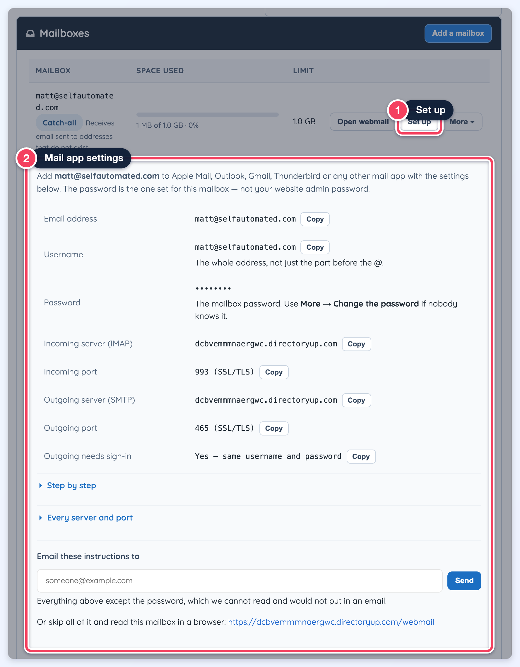 Mailbox row with Set up marked (1) and the expanded mail app settings for matt@selfautomated.com marked (2).
