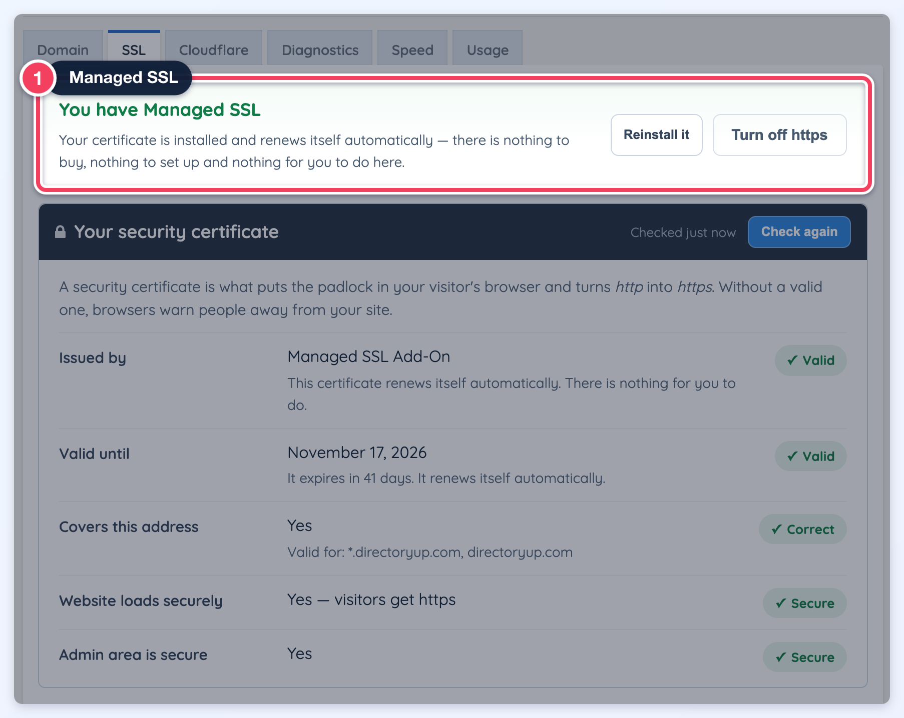 SSL tab on a directoryup.com website with the You have Managed SSL card marked (1), above the certificate details.