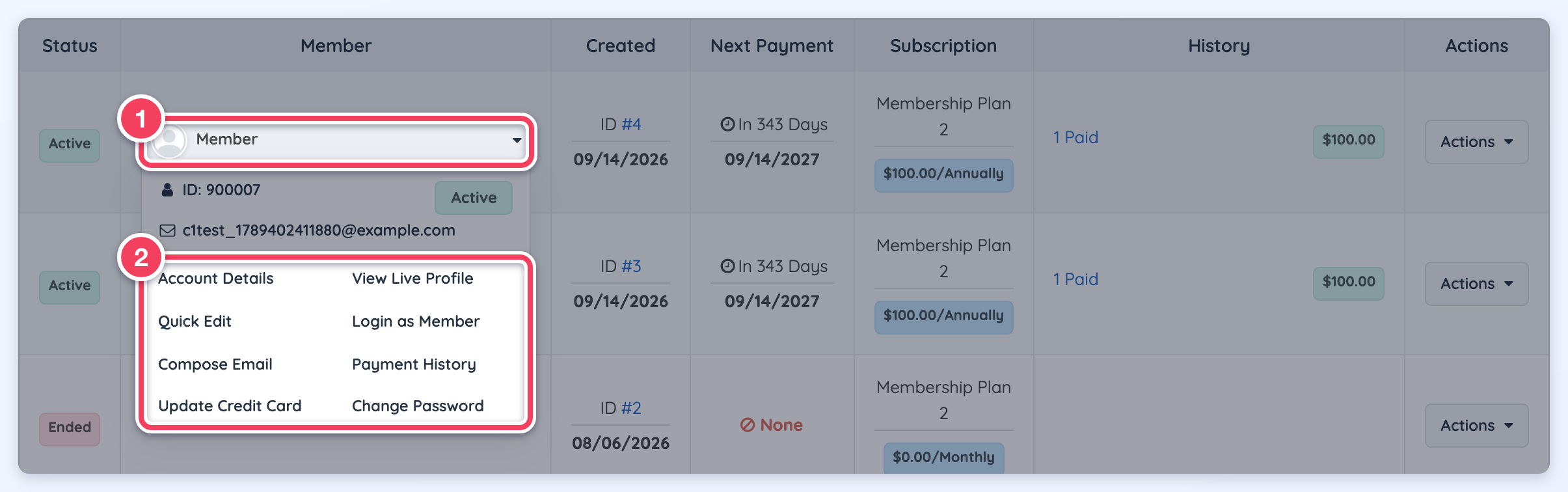 Hovering over a subscription's member (1) opens a card with the member's ID, status, email and action links (2).