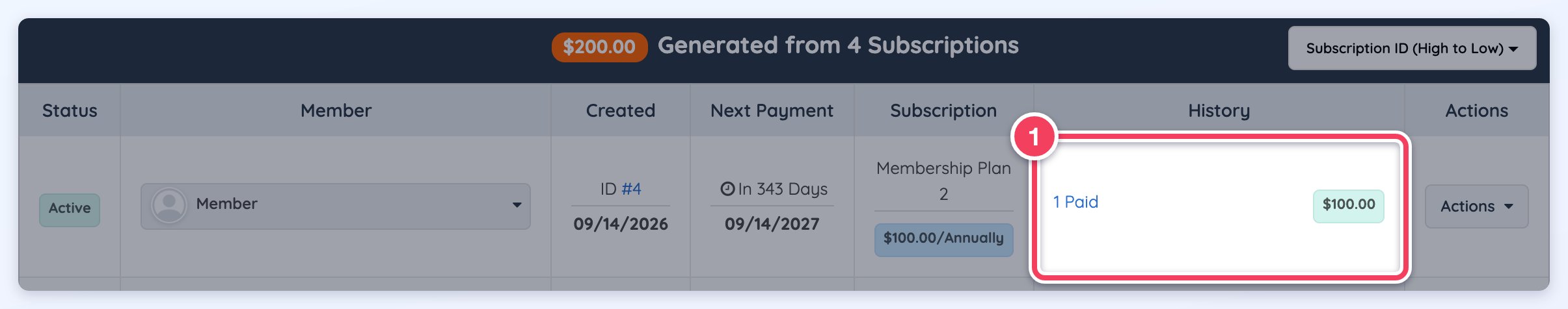 The History column (1) of an active subscription, showing the 1 Paid link and the total paid.