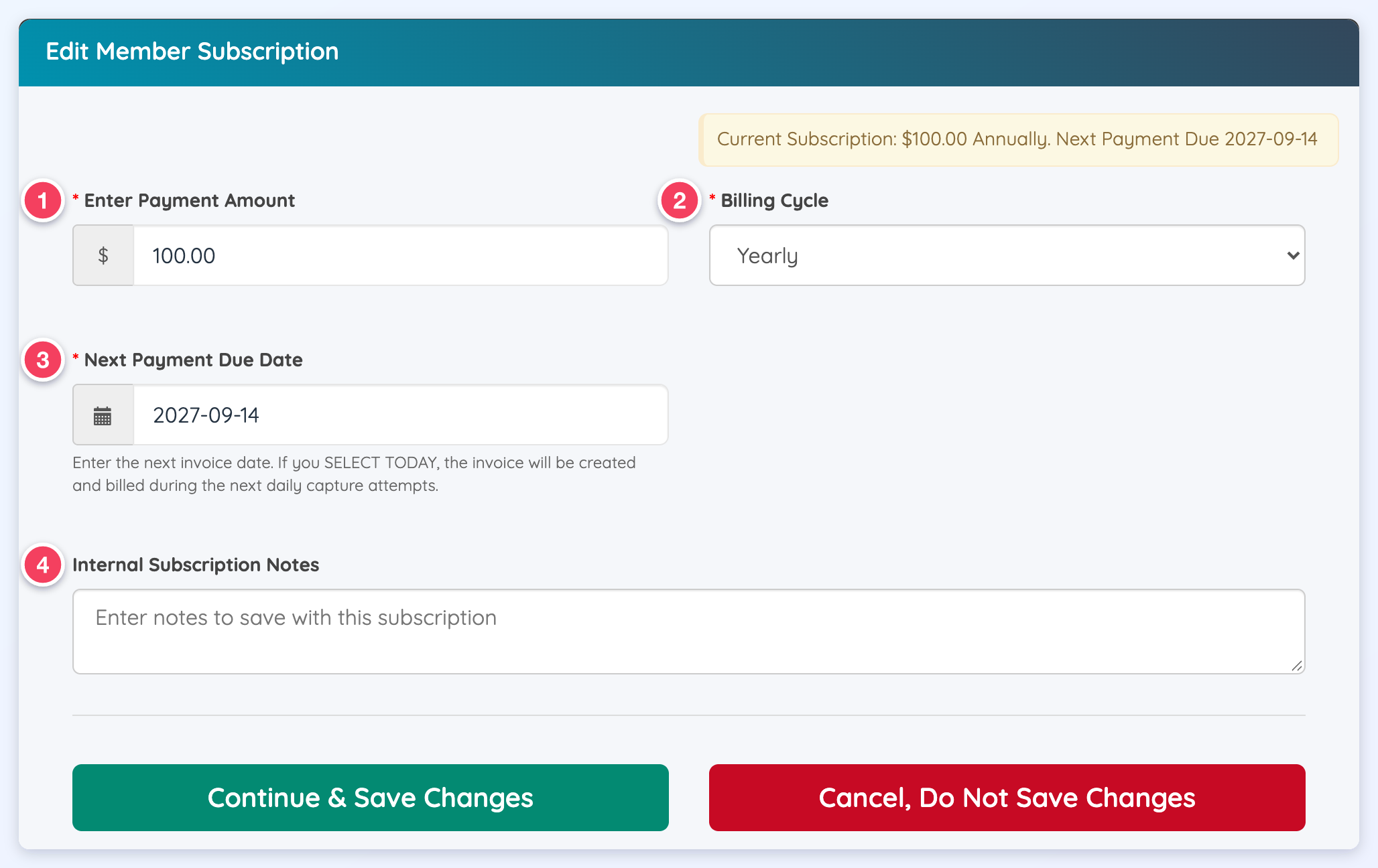 Edit Member Subscription window with Enter Payment Amount (1), Billing Cycle (2), Next Payment Due Date (3) and Internal Subscription Notes (4).
