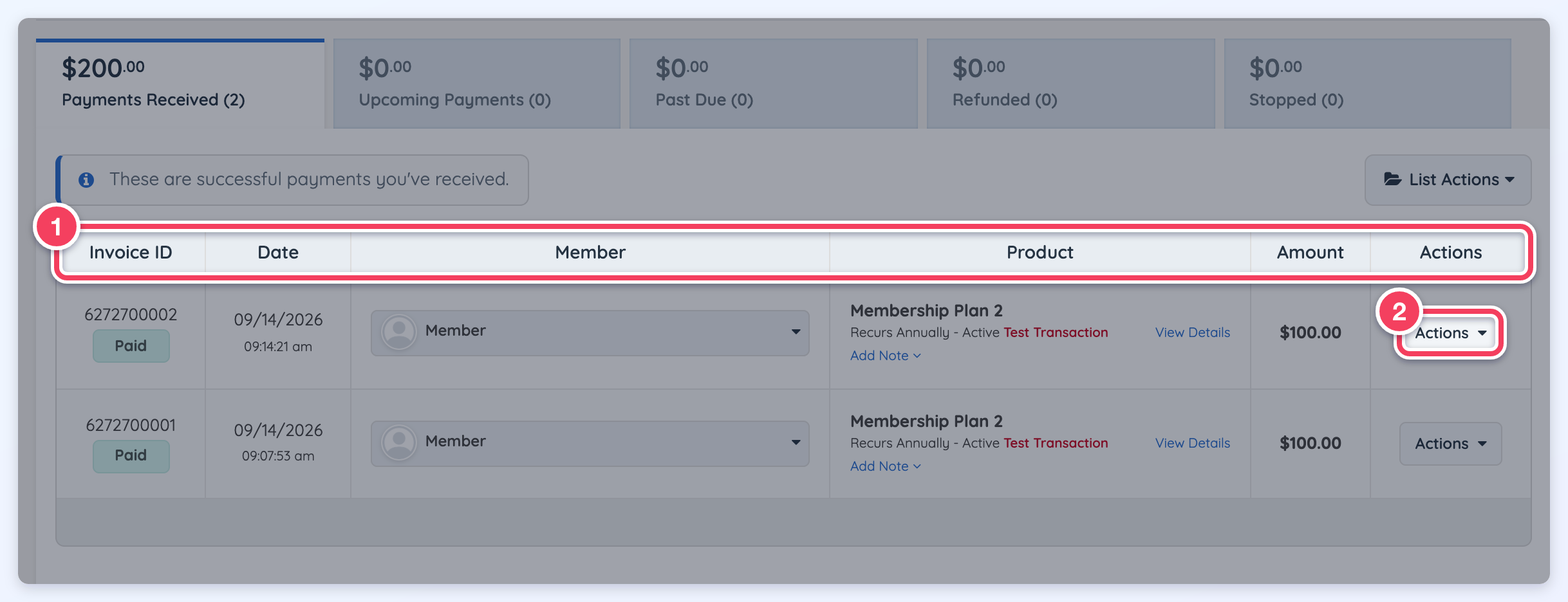 Payments Received tab showing the table's column headings (1) and a row's Actions button (2).